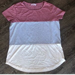 Color block pink & white striped shirt sleeve tee